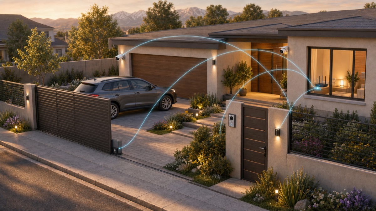 Entrada de casa con cámaras, videoportero y portón eléctrico