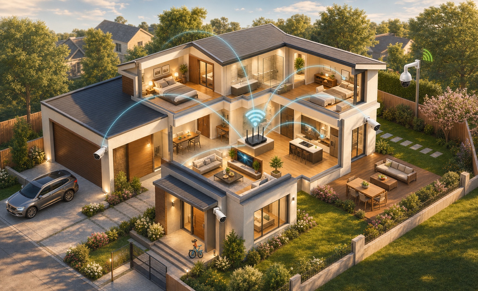 Casa familiar con cámaras de seguridad y cobertura Wi-Fi