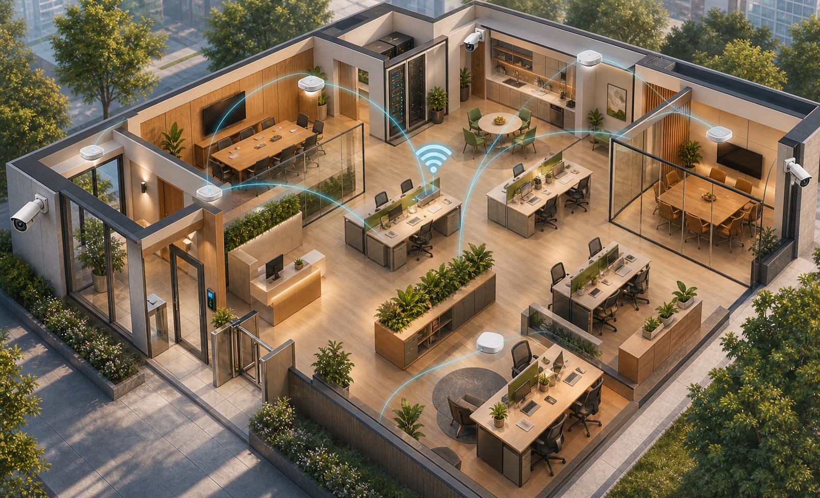 Oficina con red profesional, cobertura Wi-Fi y seguridad